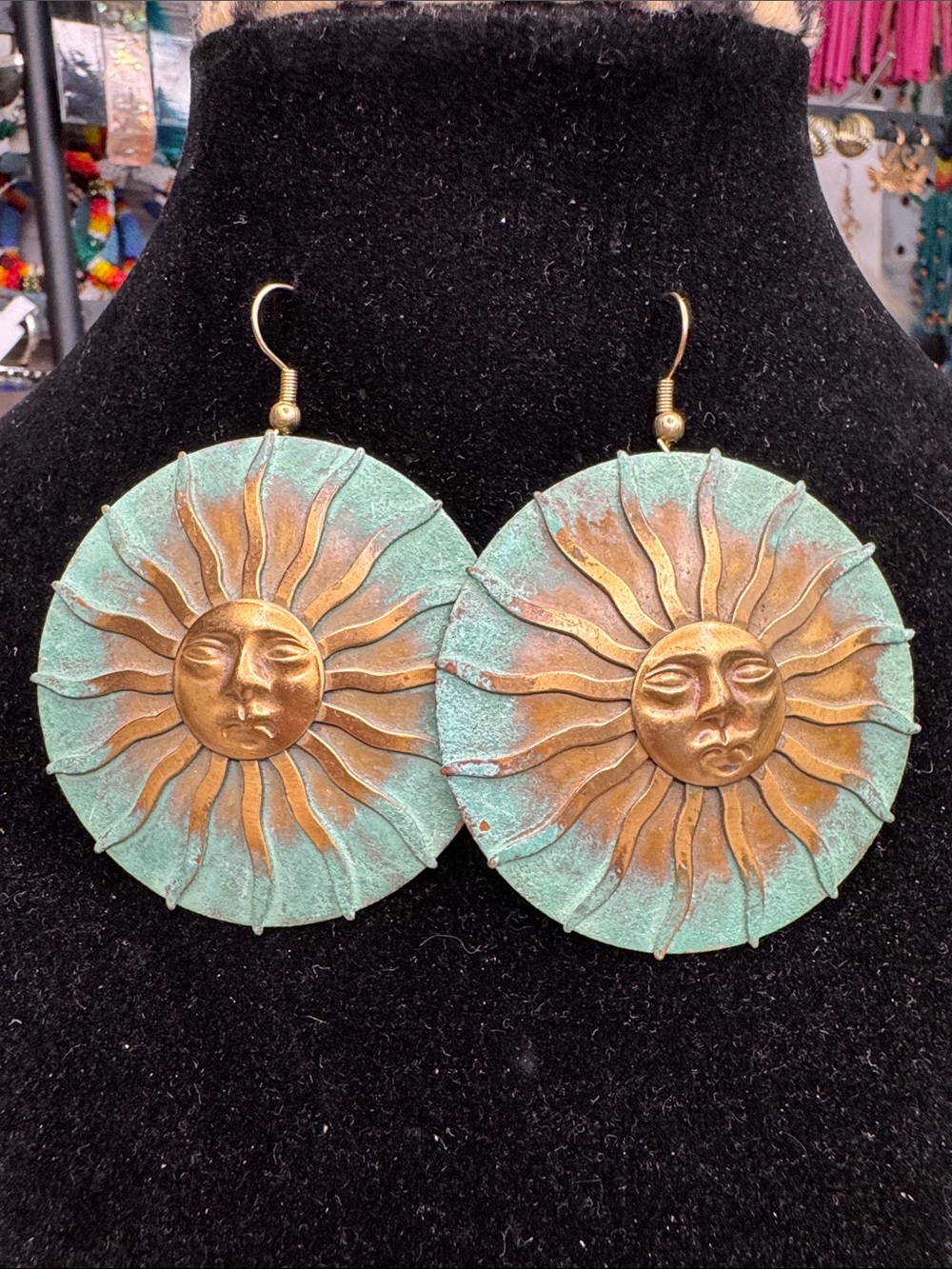 Sunface Patina Drop Earrings - Turquoise and Antique Gold
